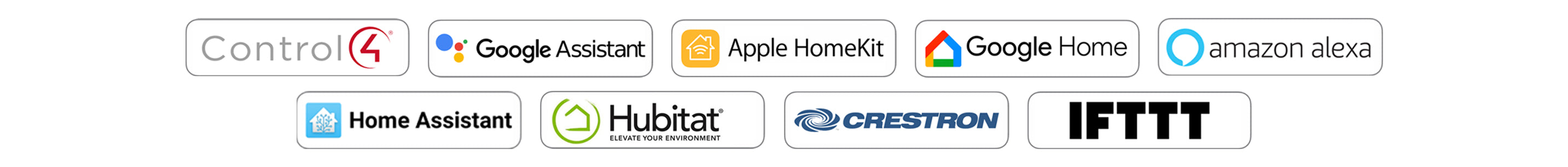 Works with Apple HomeKit, Google Home, Google Assistant, Amazon Alexa, Smart Things, IFTTT, Home Assistant, Hubitat, Crestron, and Control4